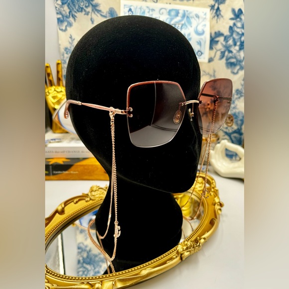 🆕 JIMMY CHOO 🧿 NWOT TAVI DDB3X Oversized Square Sunglasses Gold Copper w Chain - Picture 5 of 16